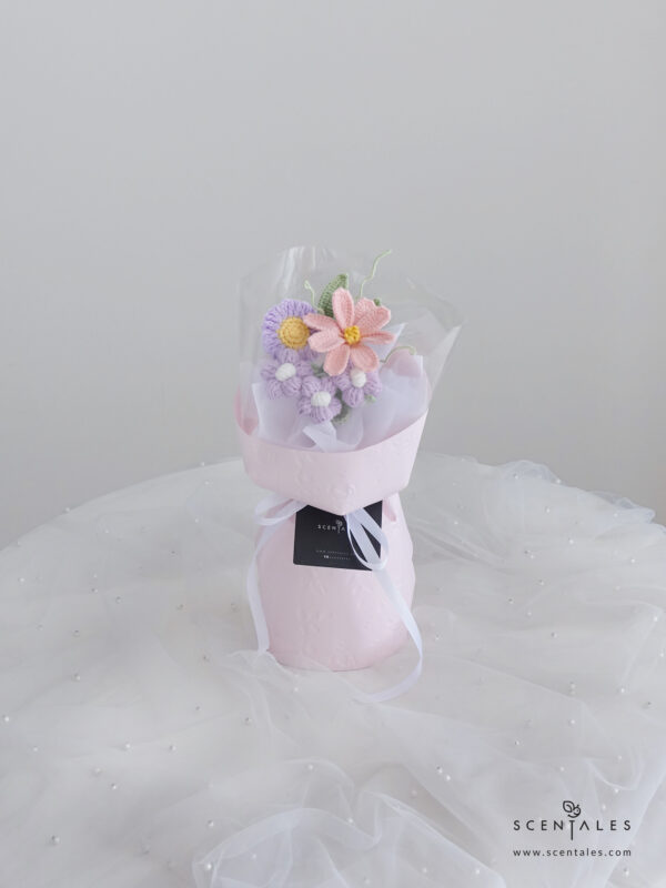 Crochet flower bouquet with Crochet pink tulip, crochet light purple puff flower, crochet purple mini sunflower and crochet green leaf