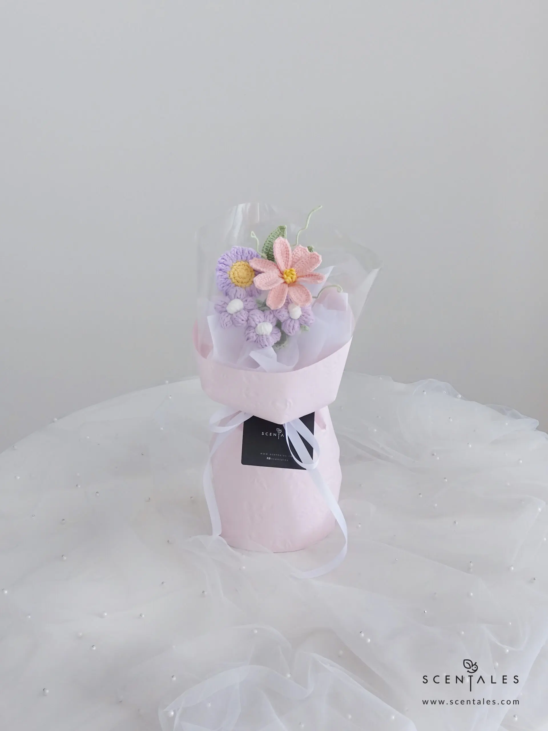 Syerina Crochet Flower Bouquet Crochet flower bouquet with Crochet pink tulip, crochet light purple puff flower, crochet purple mini sunflower and crochet green leaf