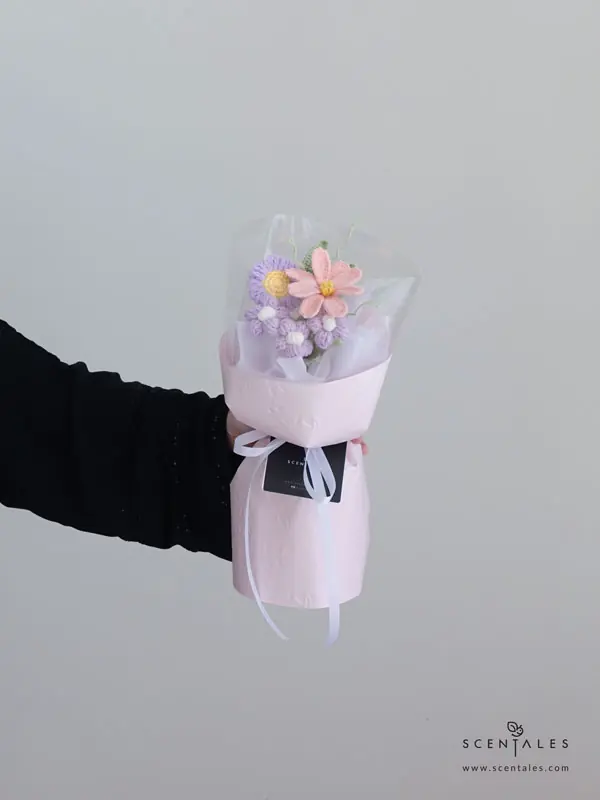 Syerina Crochet Flower Bouquet Crochet flower bouquet with Crochet pink tulip, crochet light purple puff flower, crochet purple mini sunflower and crochet green leaf