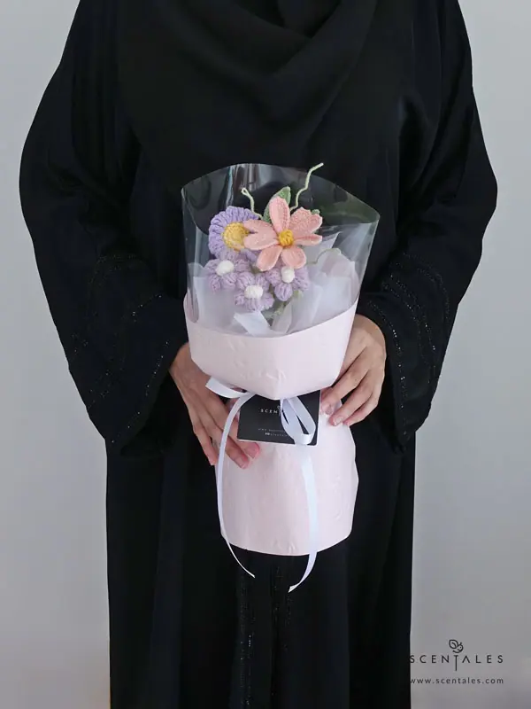 Syerina Crochet Flower Bouquet Crochet flower bouquet with Crochet pink tulip, crochet light purple puff flower, crochet purple mini sunflower and crochet green leaf