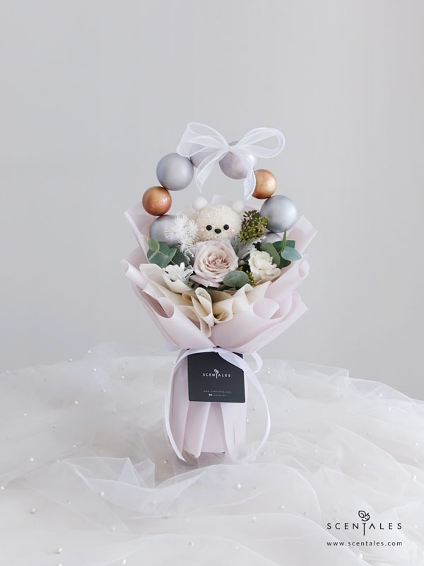 Frosty Friends Bear Fresh flower bouquet with White pingpong, menta rose, white spray carnation, dusty miller, chistmas ball small, chistmas ball big, plenty of preserved white asparagus, eucalyptus with berries and eucalyptus cinerea