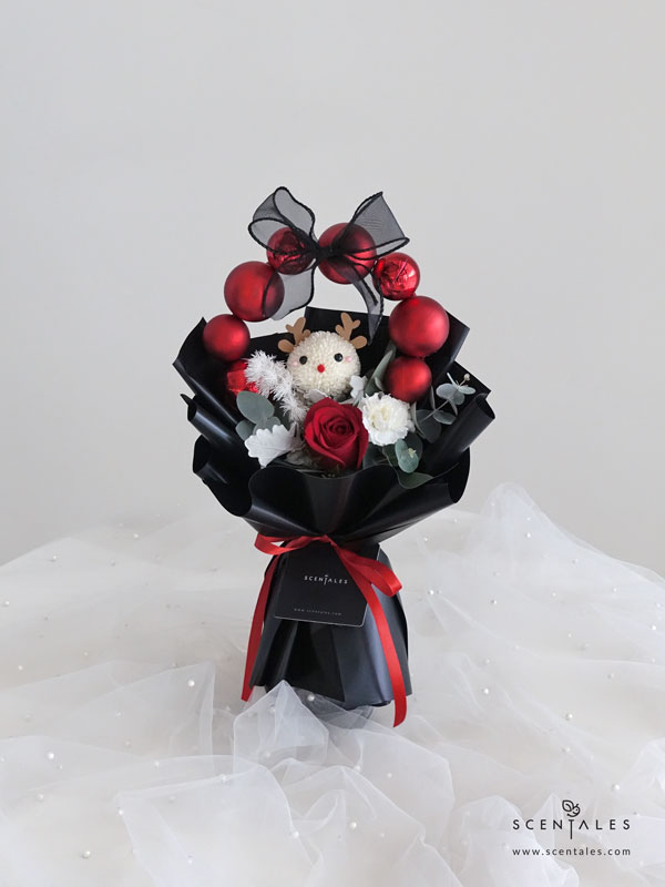 Frosty Friends Reindeer Fresh flower bouquet with White pingpong, red rose, white spray carnation, dusty miller, chistmas ball small, chistmas ball big, plenty of preserved white asparagus, eucalyptus with berries and eucalyptus cinerea