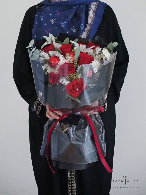 Winter Spell Fresh Flower Bouquet Fresh flower bouquet with Red rose , white oxypetalum, white trachymene, dusty miller, small christmas ball, big christmas ball, a bit of rice flower/baby's breath, plenty of preserved white asparagus, eucalyptus with berries and eucalyptus cinerea