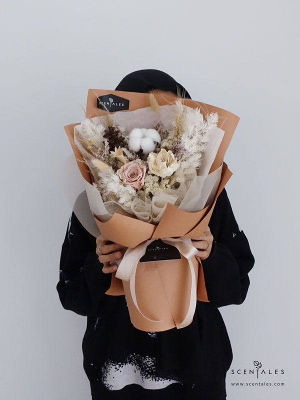 Erin Dried Flower Bouquet Dried flower bouquet with Preserved khaki rose, preserved solar peony, dried pine cone, white cotton flower, dried lino, brown pampas, a bit of stipa grass, plenty of dried pink caspia, dried white statice and preserved white asparagus