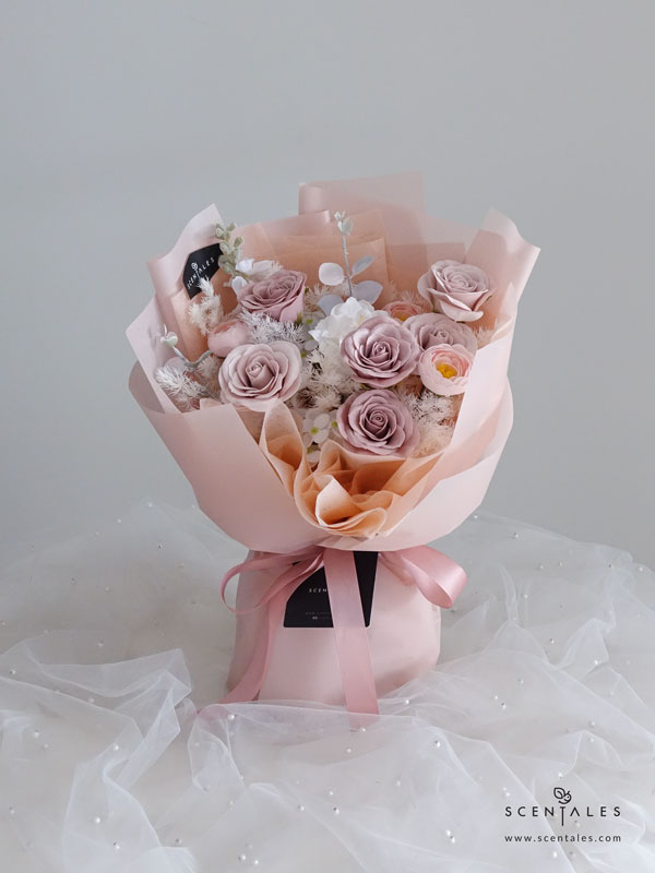 Cloud of Blush Soap Flower Bouquet Soap flower with soap cappuccino rose, soap rosy latte rose, soap pink ranunculus, soap white hydrangea, soap white peony, artificial white matthiola, artificial pink eucalyptus and plenty of preserved white asparagus