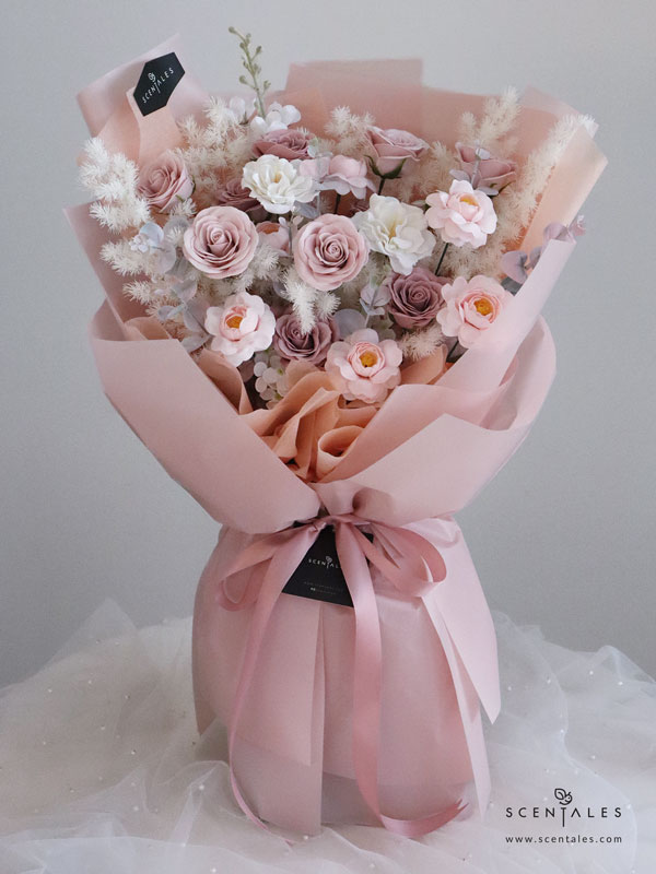Cloud of Blush Soap Flower Bouquet Soap flower with soap cappuccino rose, soap rosy latte rose, soap pink ranunculus, soap white hydrangea, soap white peony, artificial white matthiola, artificial pink eucalyptus and plenty of preserved white asparagus