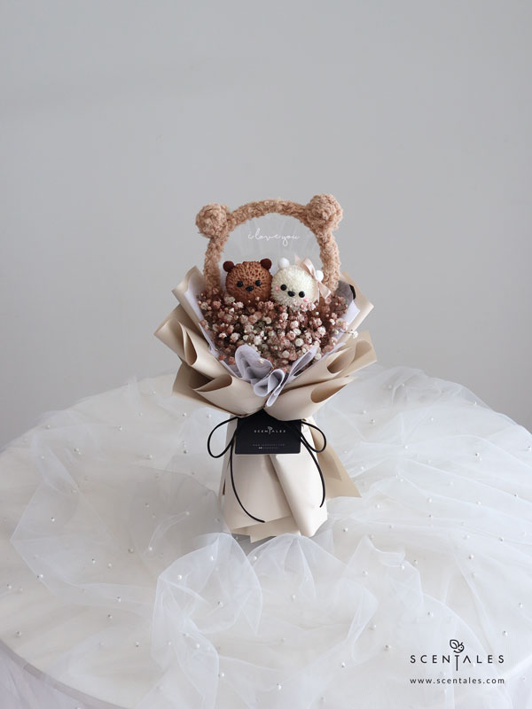 Mocha & Latte Bear Fresh Flower Bouquet Fresh flower with pingpong and plenty of baby breath.