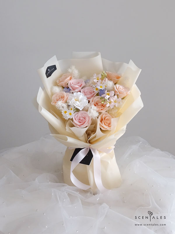 My Sweet Valentine Soap Flower Bouquet Soap flower bouquet with soap champagne rose, soap soft pink rose, soap white peony, soap white blue sakura, soap pink begonia, soap white small daisy and plenty of preserved white asparagus