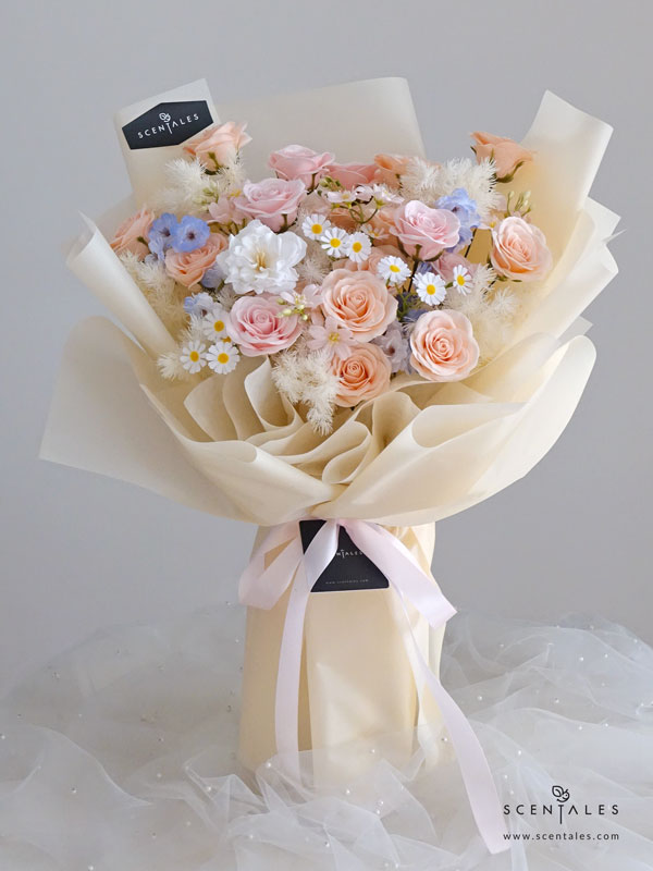My Sweet Valentine Soap Flower Bouquet Soap flower bouquet with soap champagne rose, soap soft pink rose, soap white peony, soap white blue sakura, soap pink begonia, soap white small daisy and plenty of preserved white asparagus